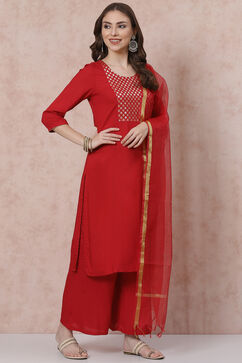 Red Solid Straight Suit Set image number 0